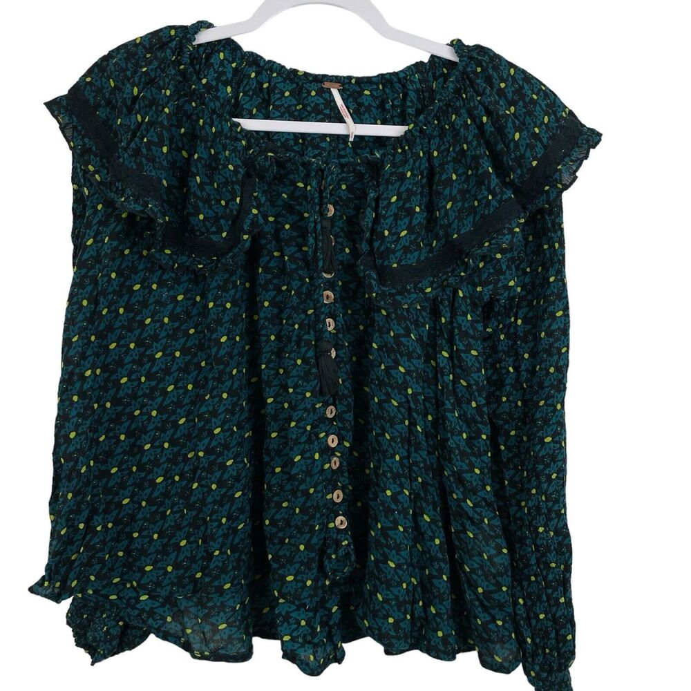 Free People Sunrise Shirt Sz XS Black Green Printed Top Boho Cottagecore